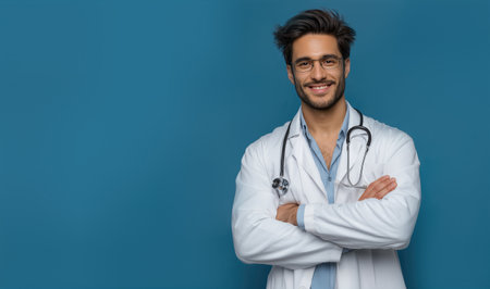 Confident male physician in white coat with stethoscope standing with folded arms ideal for clinic advertising health insurance and medical websitesの素材