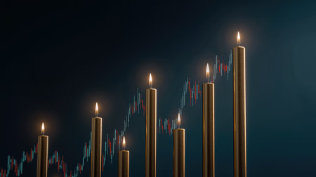 Gold candles shaped as bars with flames aligned to financial chart showing rising trend symbolic for stock market growth investment success and profitの素材