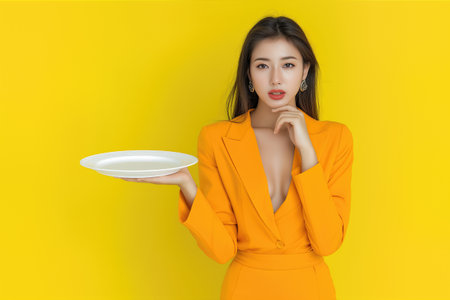 Stylish young Asian woman in bright orange blazer posing with white plate ideal for cafe branding catering promotions and menu design mockupsの素材