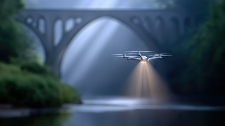 Quadcopter style aircraft with light beam hovering above water in dramatic canyon scene for future transport delivery and exploration visualsの素材