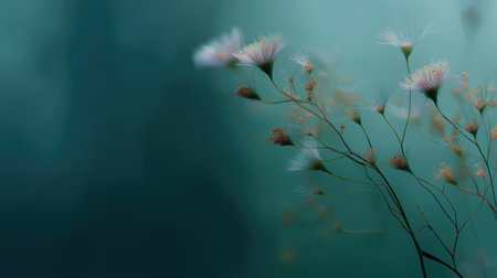 Soft focus wildflowers against teal backdrop creating airy composition perfect for spa branding mindfulness projects and feminine packagingの素材
