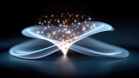 Dynamic blue light loops with sparkling particles on dark background perfect for technology innovation banners science fiction themes and digital transformation visualsの素材