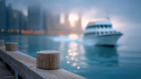 Blurred white boat near wooden posts on calm water with city skyline in mist perfect for travel blogs transport and relaxation themesの素材
