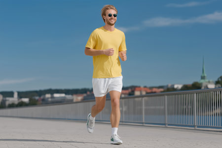 Sporty guy in yellow tshirt running along railing ideal for fitness blogs sportswear promotions and content motivationの素材