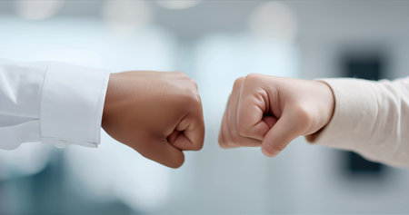 Close up of two fists touching one darker one lighter symbolizing cooperation respect friendship and inclusive collaborationの素材