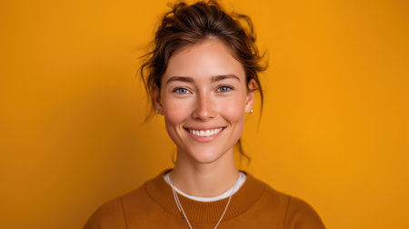 Cheerful woman in casual sweater looking at camera ideal for advertising coaching social networks and happiness themesの素材