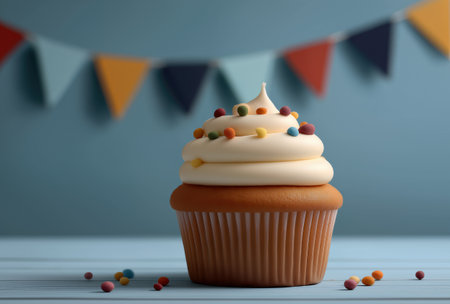 Vanilla cupcake with cream and confetti dots in front of garland ideal for birthday invitations sweet shop ads and party designの素材
