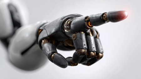 Closeup robot arm with extended finger suitable for presentations on AI leadership robotics and digital transformationの素材