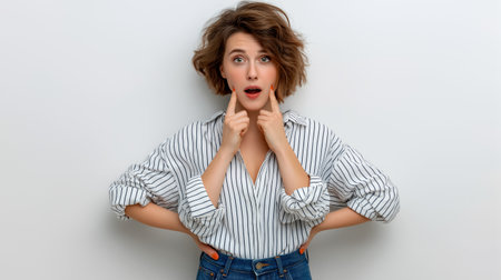 Young woman in striped blouse pointing to her cheeks with astonished look good for promo banners news and social media thumbnailsの素材