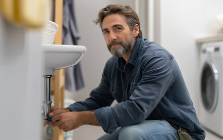 Bearded handyman kneeling by sink with tools ideal for plumbing company advertising and household repair articlesの素材