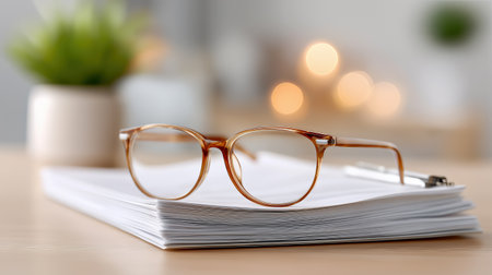 Reading glasses lying on stack of documents in soft light, office work and education concept ideal for business planning, research and study articlesの素材