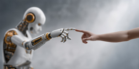 Robot hand gently reaching to touch human finger on gray background, AI collaboration and human machine interaction concept for technology, ethics and innovation campaignsの素材