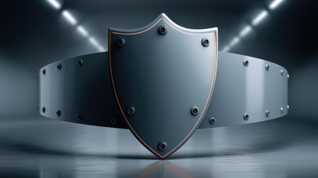 Metallic shield symbol standing in futuristic corridor, cybersecurity data protection and online privacy defense concept for IT companies and digital servicesの素材