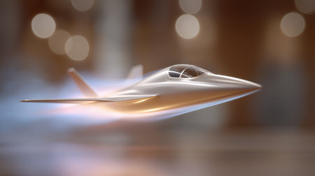 Futuristic silver jet flying at high speed on warm bokeh background, ideal aviation technology illustration for innovation ads, transport design and digital bannersの素材