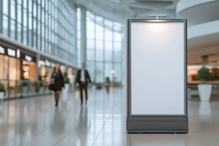 Blank advertising billboard in modern airport hall with people walking, versatile mockup for signage and branding design, travel services promotion and corporate campaignsの素材