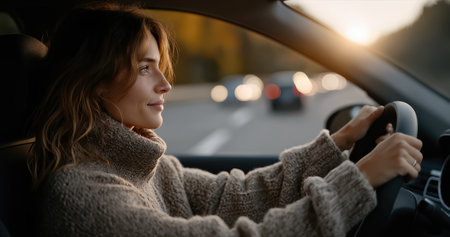 Young woman driving car at sunset in cozy sweater, road trip lifestyle and safe transportation concept for insurance advertising, travel blogs and automotive brandsの素材