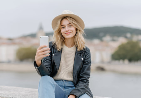 Young woman in hat taking selfie with smartphone in city, lifestyle and social media content creation concept ideal for influencer marketing and mobile technology adsの素材