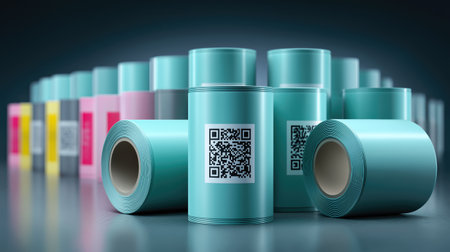 Colorful label rolls with QR code arranged on blue background, modern technology visual for packaging tracking, logistics services, inventory systems and retail brandingの素材
