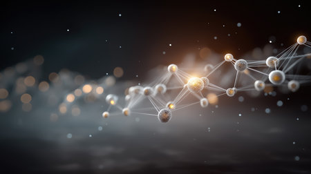 Abstract molecular structure with glowing connections on dark background, biotechnology network concept suitable for digital health, chemistry, AI research and innovation brandingの素材