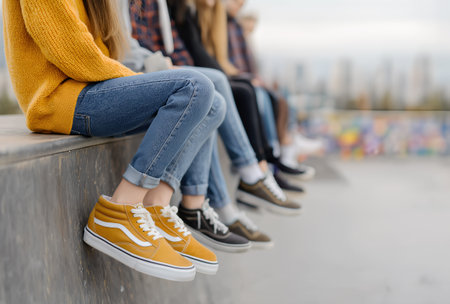 Teenagers legs in colorful sneakers sitting on urban ledge, youth streetwear fashion symbolizing friendship, weekend freedom and modern city lifestyleの素材