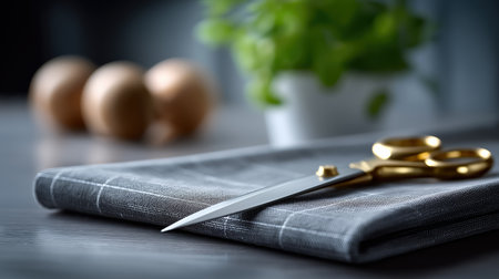 Tailor scissors resting on folded fabric with measuring tape nearby, sewing and handmade clothing production concept for fashion studios, courses and DIY projectsの素材