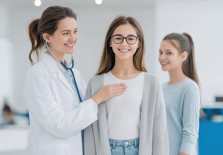 Pediatric doctor examining smiling girl with stethoscope in bright clinic, family healthcare checkup highlighting child wellness, prevention and friendly serviceの素材