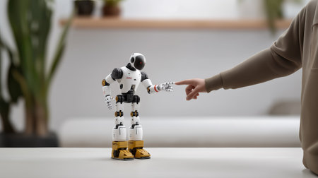 Cute robot reaching to touch human hand, AI technology interaction and human machine collaboration concept perfect for innovation topics, education and future workforce visualsの素材