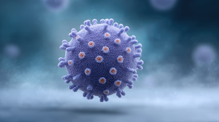 3D render of violet virus particle on blue background, medical microbiology infection and pandemic concept for healthcare articles, vaccines research and educational materialsの素材