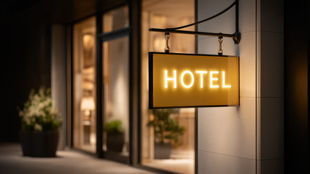 Hotel entrance with glowing sign at night, inviting urban accommodation perfect for travel booking platforms, hospitality advertising, city tourism blogs and brochuresの素材