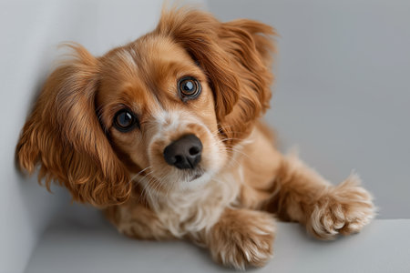 Cute brown spaniel dog lying on sofa and looking at camera, pet care love and domestic animal companionship concept perfect for vet clinics, shelters and blogsの素材
