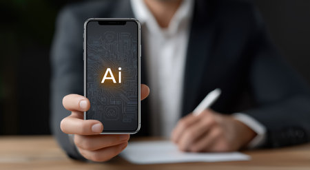 Businessman showing smartphone with AI interface at desk, artificial intelligence app and digital innovation concept for corporate technology, fintech and startupsの素材
