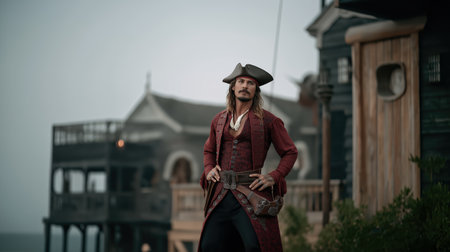 Man dressed as pirate standing near wooden buildings, historical adventure and cosplay character concept great for entertainment, tourism and costume eventsの素材