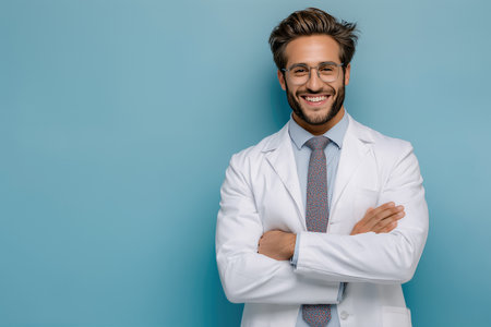 Confident male doctor in white coat smiling on blue background, modern healthcare professional portrait perfect for clinic advertising, websites and telemedicine servicesの素材