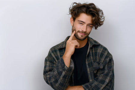 Young man in checked shirt touching chin on light background, thoughtful expression decision making and doubt concept suitable for coaching, consulting and advertisingの素材