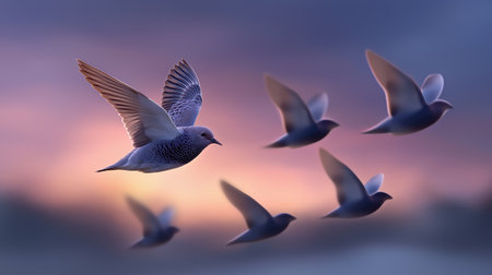 Flock of birds flying in colorful sunset sky, freedom travel and nature wildlife concept perfect for inspirational posters, ecology campaigns and spiritual themesの素材