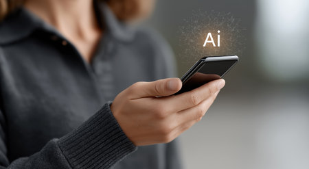 Person in gray sweater holding smartphone with glowing AI text, illustrating mobile artificial intelligence app, fintech solutions and modern digital servicesの素材