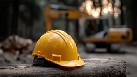 Yellow hard hat on log with excavator in forest background, construction safety at work and building industry concept for insurance recruitment and trainingの素材