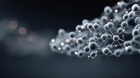 Molecule structure with glowing connections on dark background, abstract science visual for chemistry biotech medical innovation and technology presentationsの素材