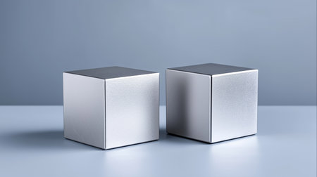 Two metallic cubes on smooth surface with soft gradient light, modern geometric background ideal for product display branding templates and technology presentationsの素材