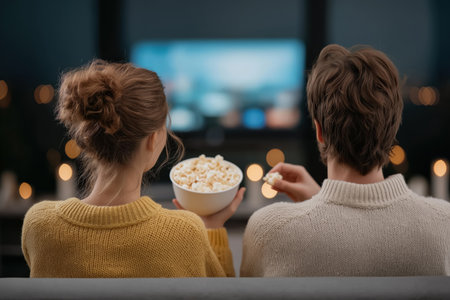 Couple watching movie at home with popcorn on sofa, cozy evening streaming entertainment lifestyle visual for cinema ads, VOD platforms and blogsの素材