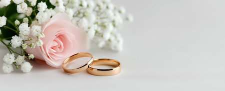 Golden wedding rings placed near pink rose and white flowers on soft background, romantic marriage symbol perfect for wedding invitations, branding, anniversary cards and adsの素材