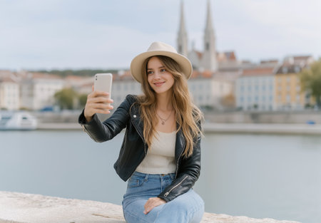 Young woman taking selfie by river in European city, travel lifestyle and social media content concept perfect for tourism boards, apps and blogsの素材