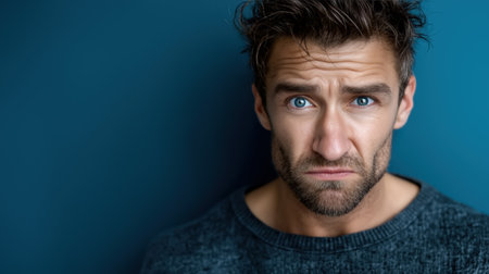 Young man with blue eyes and skeptical face in studio portrait against teal blue background, perfect for reaction concepts, advertising and social media contentの素材