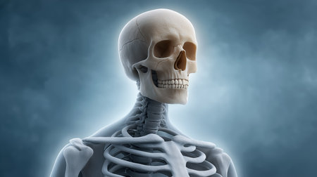 Human skeleton upper body anatomical model on blue background, perfect illustration for medical education, orthopedics, biology textbooks and healthcare marketing materialsの素材
