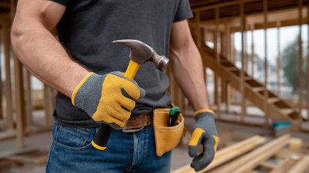 Construction worker holding hammer in wooden house frame, wearing yellow safety gloves and tool belt, ideal for building industry, renovation, housing or labor safety themesの素材