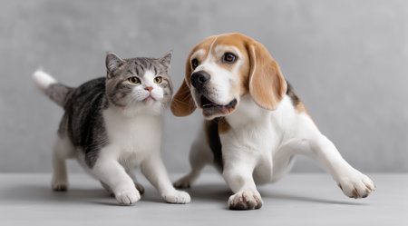 Playful kitten and beagle puppy together on gray background illustrating funny pets friendship and animal bonding concept for pet food veterinary and adoption campaignsの素材