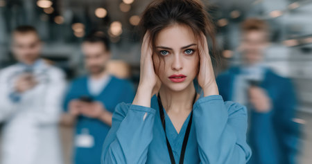 Stressed nurse in scrubs holding head in busy hospital corridor symbolizing medical burnout crisis workload and need for mental health support and staffing changesの素材