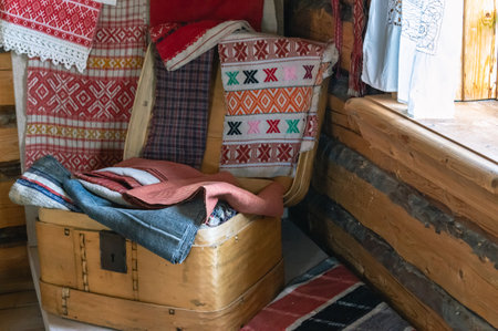 Antique wicker basket made of birch bark. Wicker basket for carrying and storing various items. Things made on an old loom.の写真素材
