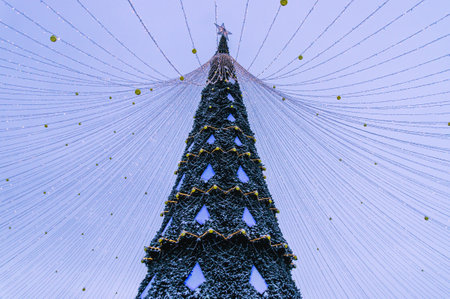 Celebrating the New Year in winter. Christmas holidays. Christmas and winter. View of Christmas decorations. Festive Christmas tree with lighting in the new year.の写真素材