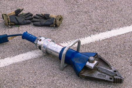 Hydraulic scissors for emergency rescue operations. Equipment for rescue operations. Manual...